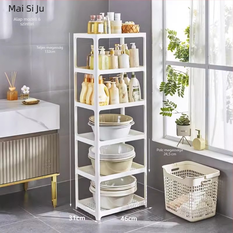 Fürdőszobai padlóra álló tárolópolc, műanyag, matt felület, modell 1763, polconkénti 7,5 kg teherbírás, modern minimalista stílus