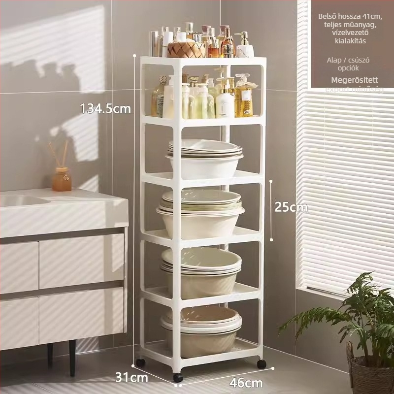 Fürdőszobai padlóra álló tárolópolc, műanyag, matt felület, modell 1763, polconkénti 7,5 kg teherbírás, modern minimalista stílus