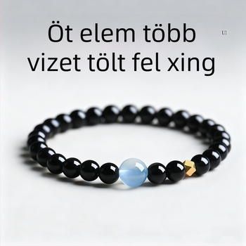 Természetes obsidián karkötő kézzel készített gyöngyökkel, akvamarin kristályokkal, uniszex, minimalist stílus