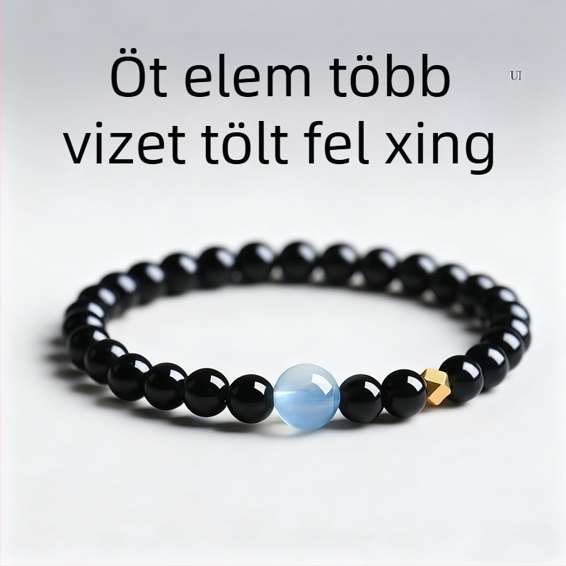 Természetes obsidián karkötő kézzel készített gyöngyökkel, akvamarin kristályokkal, uniszex, minimalist stílus