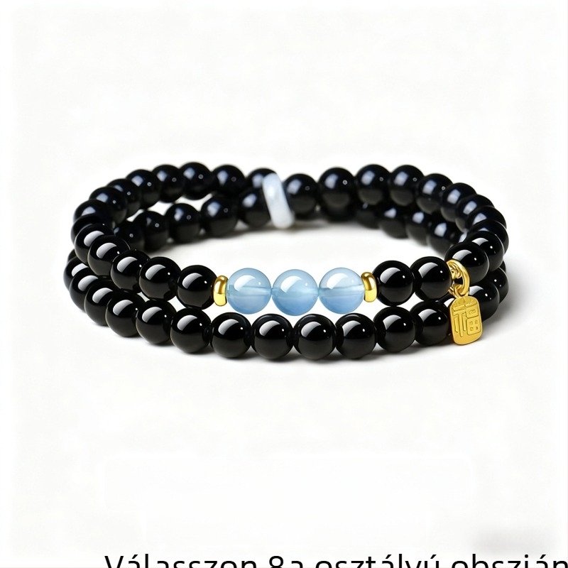 Természetes obsidián karkötő kézzel készített gyöngyökkel, akvamarin kristályokkal, uniszex, minimalist stílus