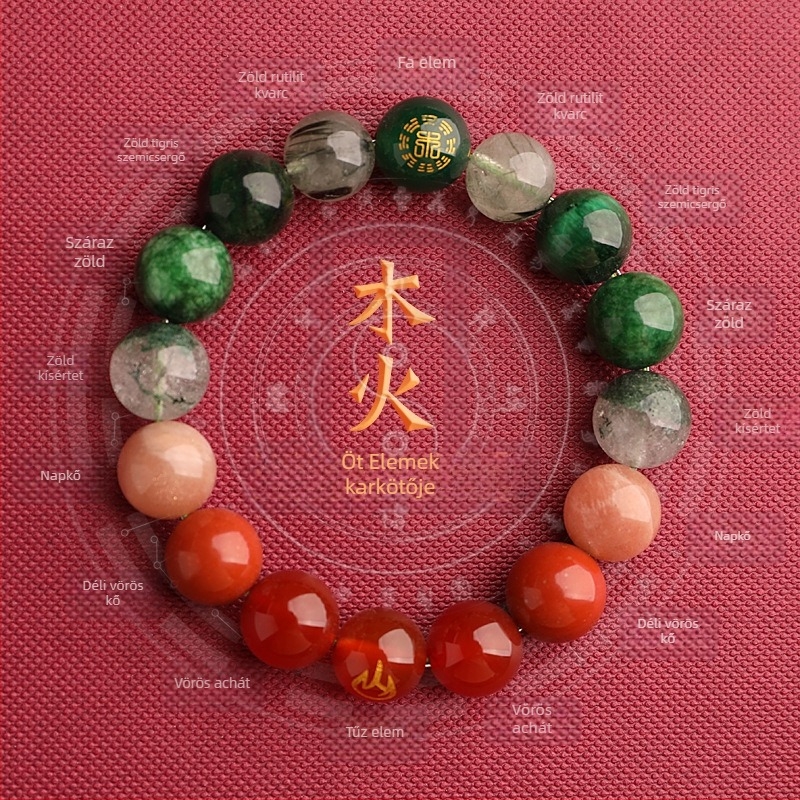 Uniszex karkötő az öt elemes energiaegyensúlyhoz fantom kvarccal, acháttal és természetes kristállyal