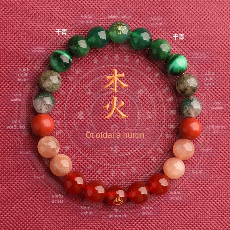 Uniszex karkötő az öt elemes energiaegyensúlyhoz fantom kvarccal, acháttal és természetes kristállyal