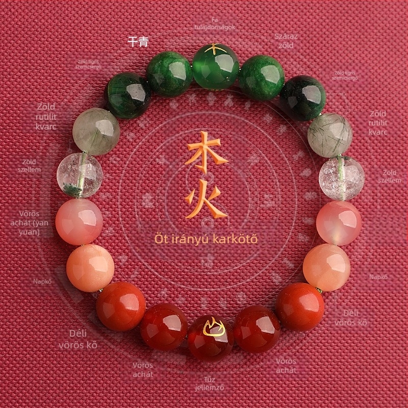Uniszex karkötő az öt elemes energiaegyensúlyhoz fantom kvarccal, acháttal és természetes kristállyal