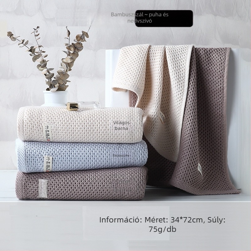 Bambuszrostból készült arctörölköző, puha és nedvszívó, méhsejt mintázatú, modell 2221; anyag: 70% cellulóz rost, 30% pamut; 21-count fonal; sík szövés; súly: 50-80 g