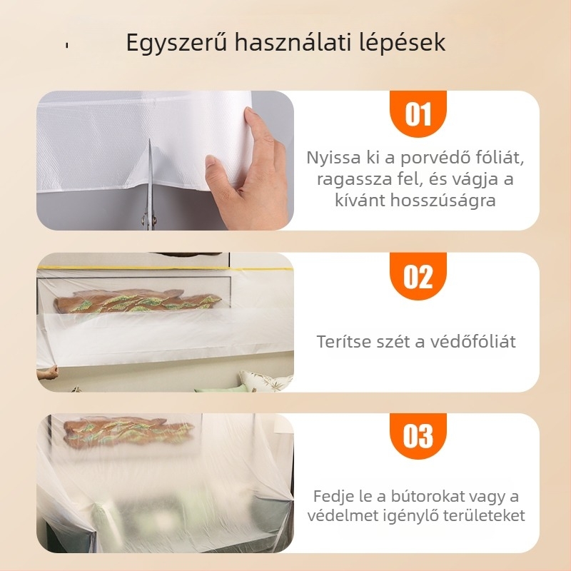 Vastagított porvédő műanyag fólia bútorok védelmére dekoráció közben, egyszer használatos