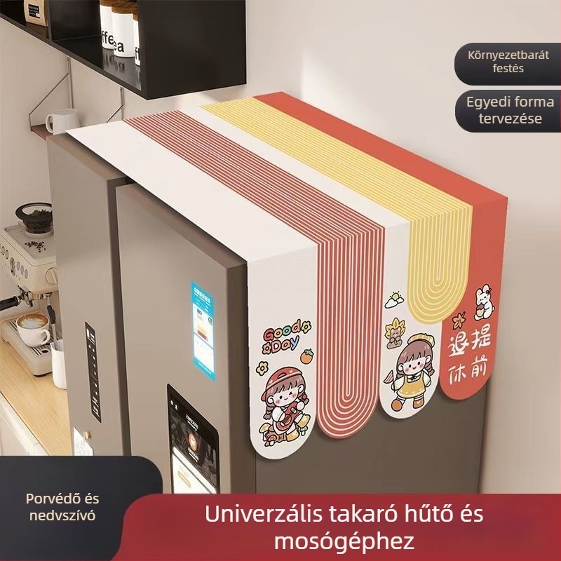 Poliészter hűtőporvédő, olajálló, cartoon-stílusú felső takaró, amerikai típusú egy- vagy kétszárnyú hűtőhöz, nappaliba.