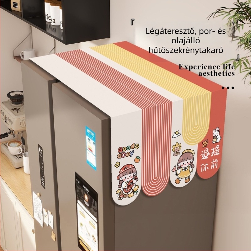 Poliészter hűtőporvédő, olajálló, cartoon-stílusú felső takaró, amerikai típusú egy- vagy kétszárnyú hűtőhöz, nappaliba.