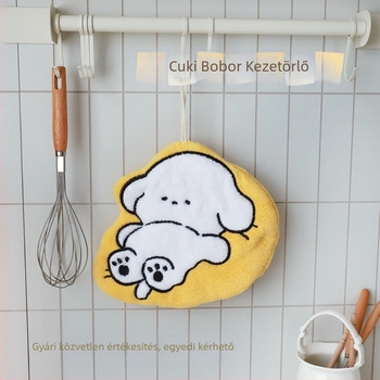 Gyerekeknek szóló hímzett kéztörlő aranyos kiskutyával, akasztóval, szálmentes, szuper nedvszívó, személyre szabható konyhai/kéztörlő (korall velúr, 120D, 200g+)