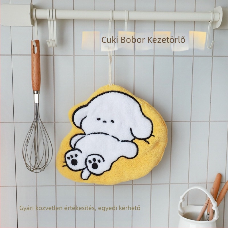 Gyerekeknek szóló hímzett kéztörlő aranyos kiskutyával, akasztóval, szálmentes, szuper nedvszívó, személyre szabható konyhai/kéztörlő (korall velúr, 120D, 200g+)