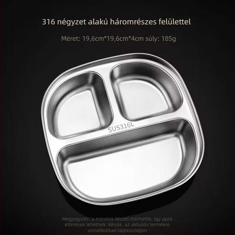 316-os rozsdamentes acélból készült gyermekeknek szánt négy rekeszes tányér – matt és fényes felület, mikrohullámú sütő nem használható, ajándékba is ideális