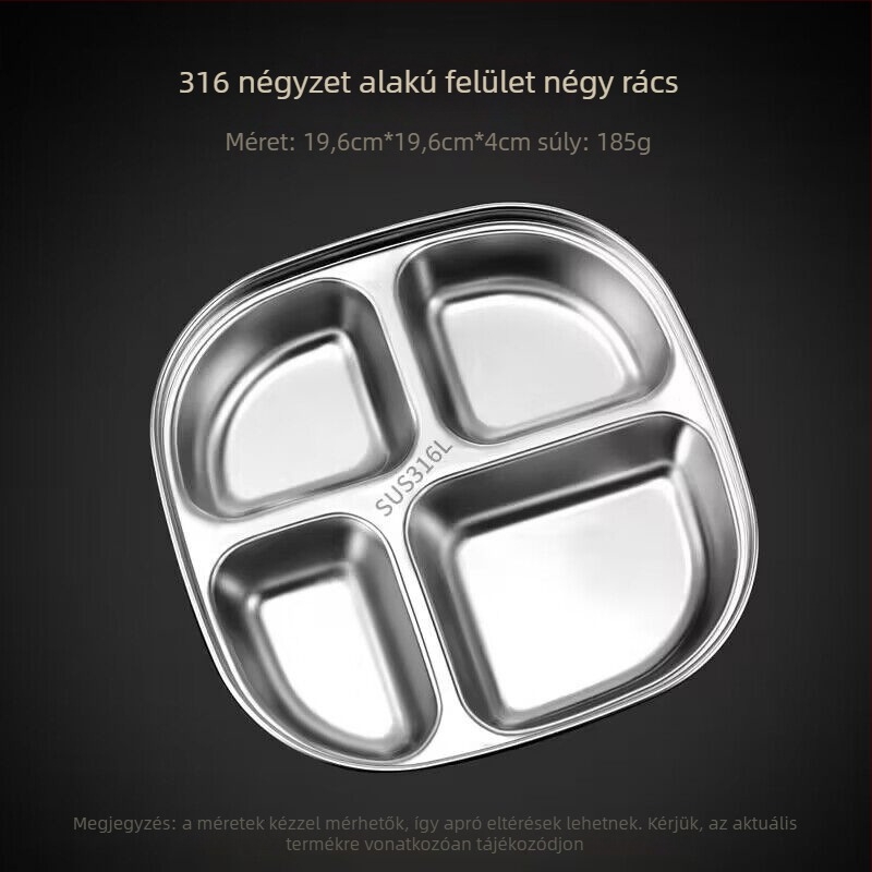 316-os rozsdamentes acélból készült gyermekeknek szánt négy rekeszes tányér – matt és fényes felület, mikrohullámú sütő nem használható, ajándékba is ideális
