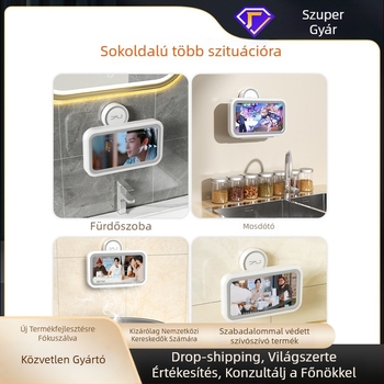 Falra szerelhető telefon-tartó vákuumszívóval, vízálló és páramentes, fedeles tároló doboz