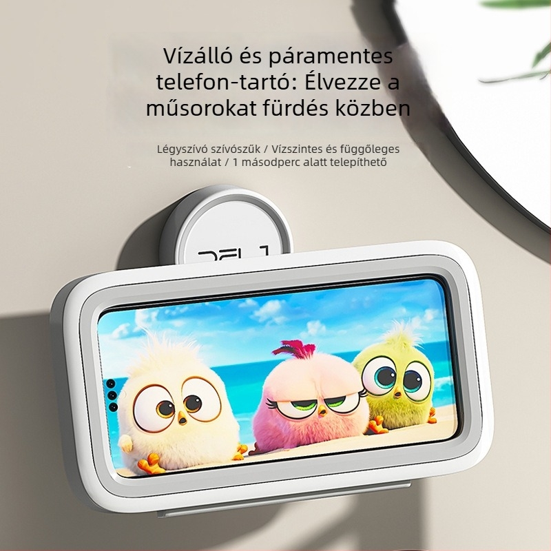 Falra szerelhető telefon-tartó vákuumszívóval, vízálló és páramentes, fedeles tároló doboz