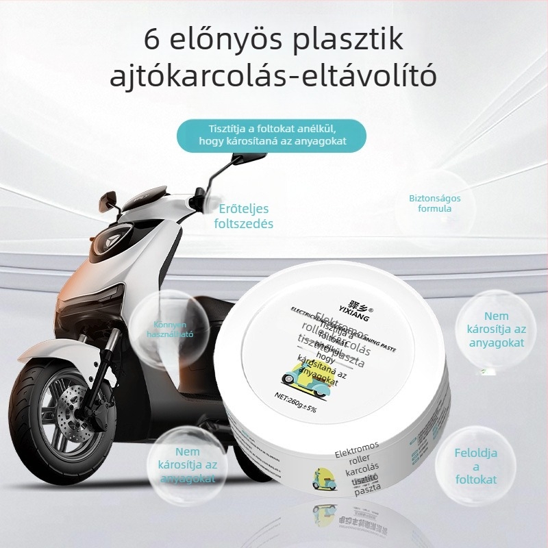Multifunkciós tisztító paszta elektromos járművek és motorkerékpárok karcolások elleni; visszaállítja a műanyag burkolat felületét. Márka: Yixiang; Eredet: Guangdong; Csomagolás: 50 db; Hatások: mély, biztonságos dekontamináció.