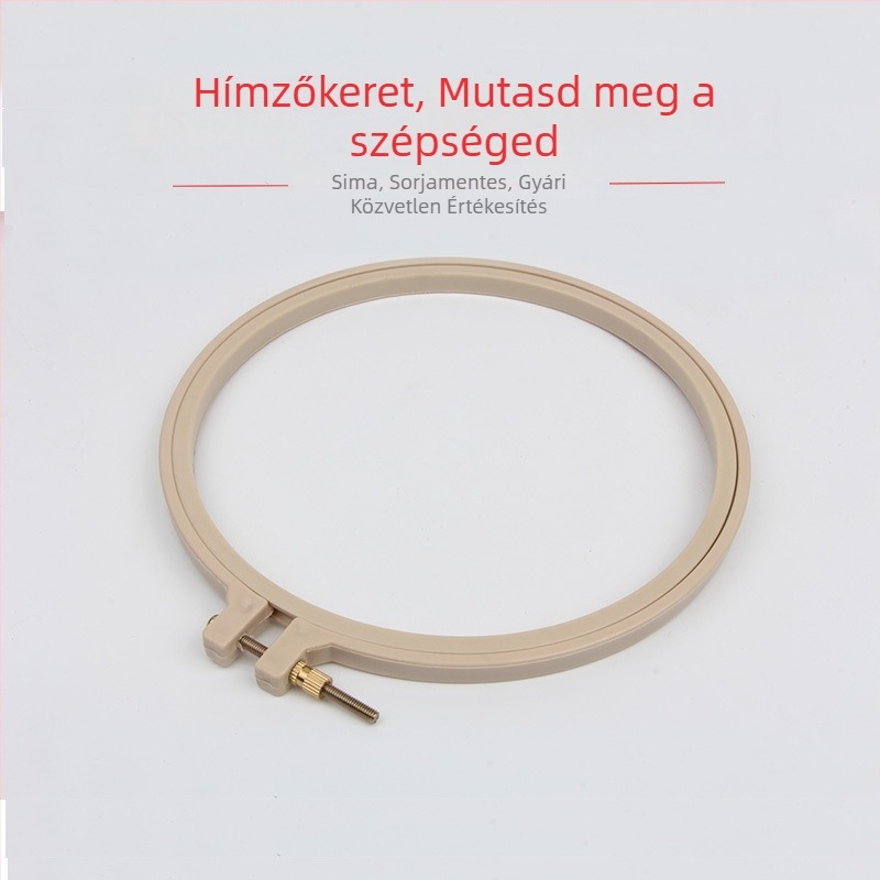 Műanyag keresztszemes hímzőgyűrű, kör alakú hímzőkeret tartóval és rögzítő gyűrűvel