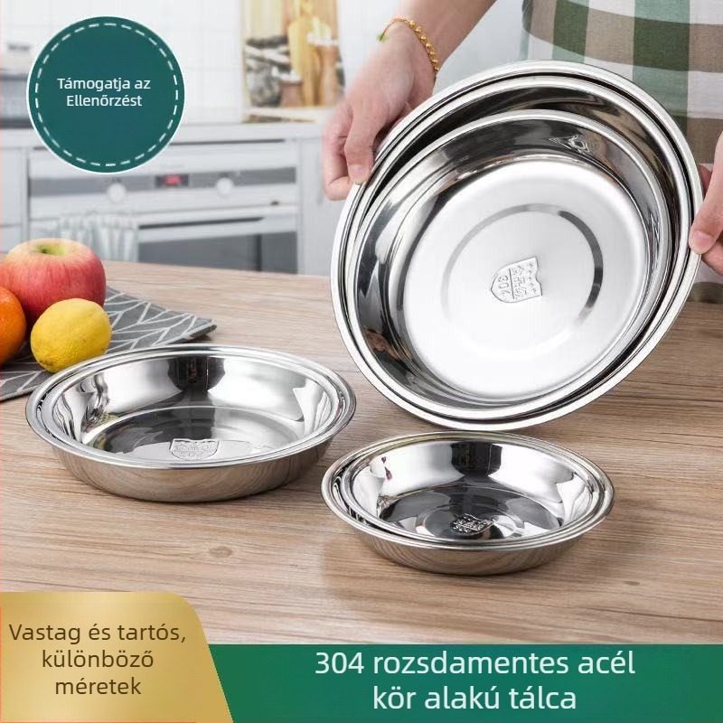 304 rozsdamentes acél lapos tányér, kör alakú, glazúrozott felület, mikrohullámú sütőben használható, élelmiszer-minőségű