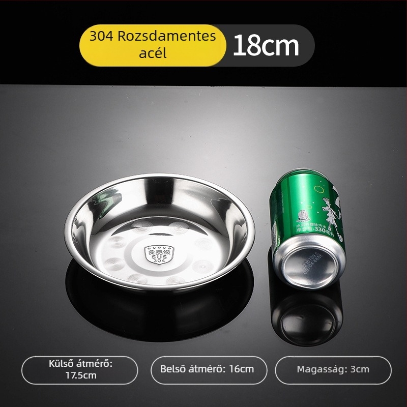 304 rozsdamentes acél lapos tányér, kör alakú, glazúrozott felület, mikrohullámú sütőben használható, élelmiszer-minőségű