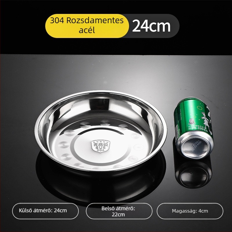 304 rozsdamentes acél lapos tányér, kör alakú, glazúrozott felület, mikrohullámú sütőben használható, élelmiszer-minőségű