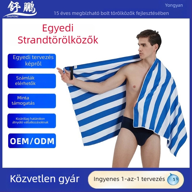 Strand törölköző – gyorsan száradó, nedvszívó, hordozható váll-kendőként viselhető, 100% pamut; 150D szál; súly 120–140 g; egyedi feldolgozás; varrás és nyomtatás