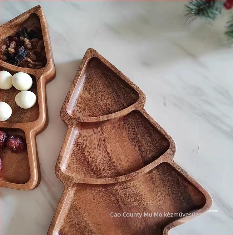 Fából készült fa alakú snack- és gyümölcstál, modern minimalist dizájn; felület kézzel rajzolt, mikrohullámú sütőben használható, logóval testre szabható