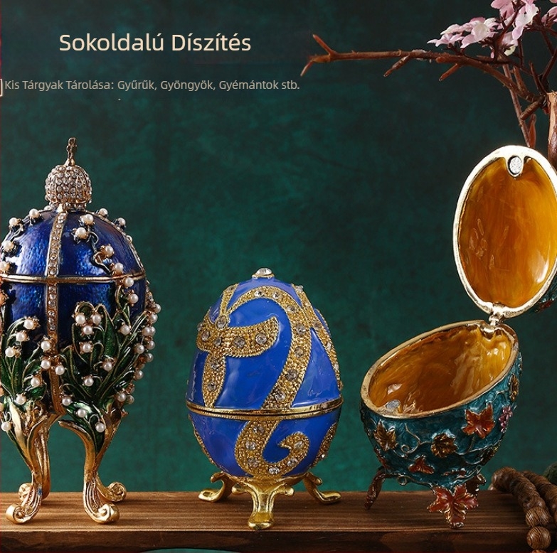 Tojás alakú ötvözetes díszfigura zománc beültetésekkel és kövekkel, kézzel festett és elektroplatált, modern minimalistikus otthoni dekoráció, testreszabható