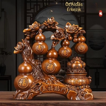 Lei Xinda – Műgyanta tök díszfigura arany békával, kínai stílusú, gravírozott