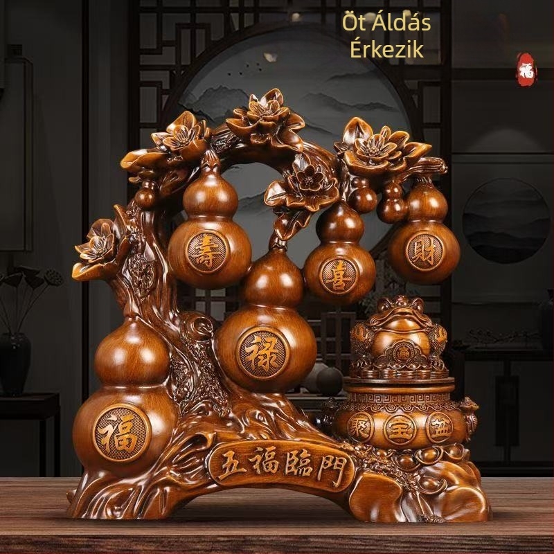 Lei Xinda – Műgyanta tök díszfigura arany békával, kínai stílusú, gravírozott