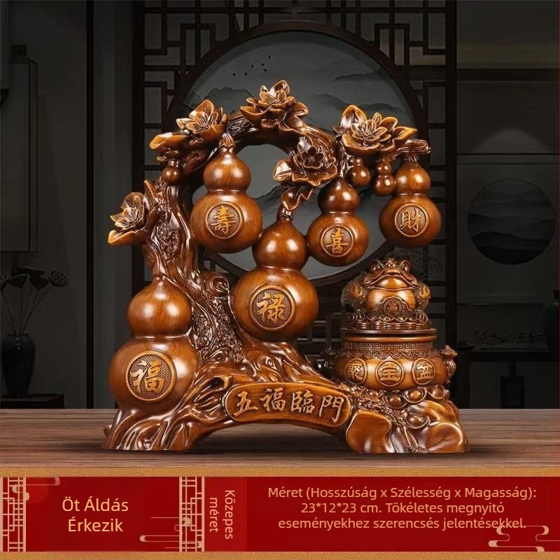 Lei Xinda – Műgyanta tök díszfigura arany békával, kínai stílusú, gravírozott