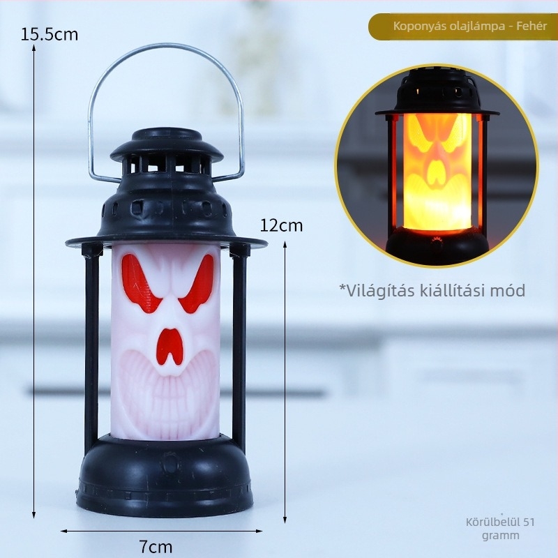 Halloween rekvizit: koponya kerozinlámpa bárjelenethez, vitrín-dísz, fénylő dekoráció