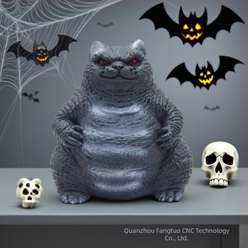 Kerti szobor resinből: macskafejű Godzilla, Halloween témájú szörny, modern művészet stílus