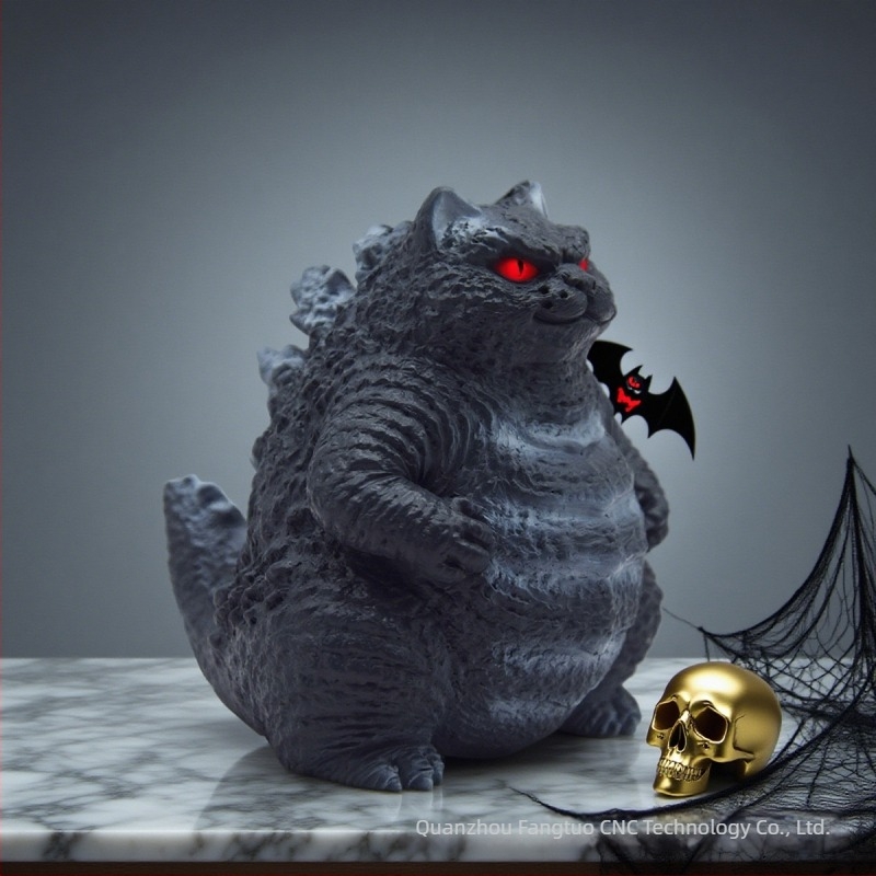 Kerti szobor resinből: macskafejű Godzilla, Halloween témájú szörny, modern művészet stílus