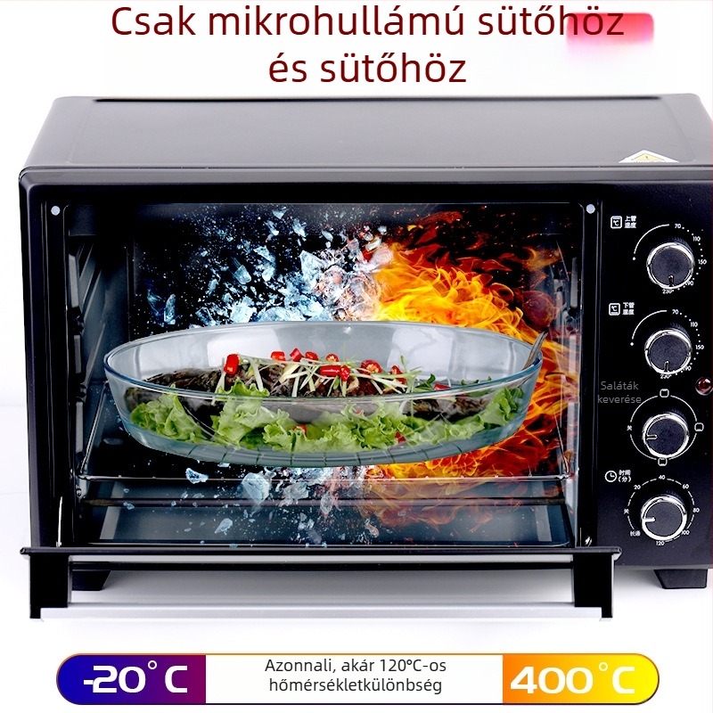 Ováli boroszilikát üveg sütőedény, hőálló, mikrohullámú sütőben használható, 27–27,9 cm átmérőjű, tortákhoz és rizses ételekhez