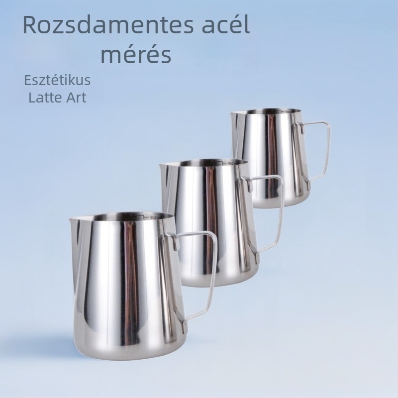 Rozsdamentes acél latte art kanna fogantyúval, 0,7 mm falvastagság, 304#18-8, élelmiszer-minőségű, hőszigetelés 0–6 óra