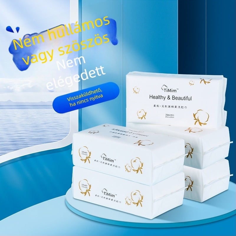 Timim Egyszer használatos arc törölköző – 100% pamut, nedves és száraz használat, nyomtatás és formázás, 70 darab/csomag, 50 csomag kartonon