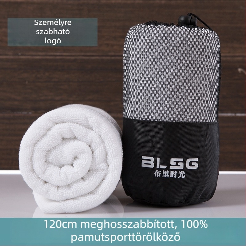 Pamut fitnesz törölköző – 200 g, logó nyomtatás, hímzés és jacquard szövet, nedvszívó 5–10 mp