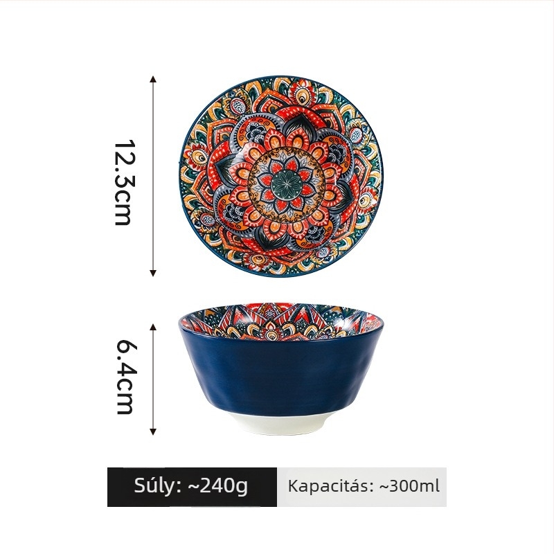 Porcelánból készült bohém stílusú tál virágos underglazé mintával, mikrohullámú sütőben használható, kerek formájú