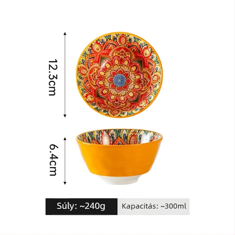 Porcelánból készült bohém stílusú tál virágos underglazé mintával, mikrohullámú sütőben használható, kerek formájú