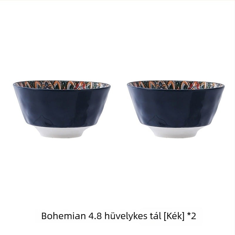 Porcelánból készült bohém stílusú tál virágos underglazé mintával, mikrohullámú sütőben használható, kerek formájú