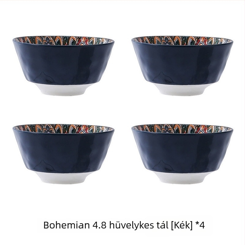 Porcelánból készült bohém stílusú tál virágos underglazé mintával, mikrohullámú sütőben használható, kerek formájú