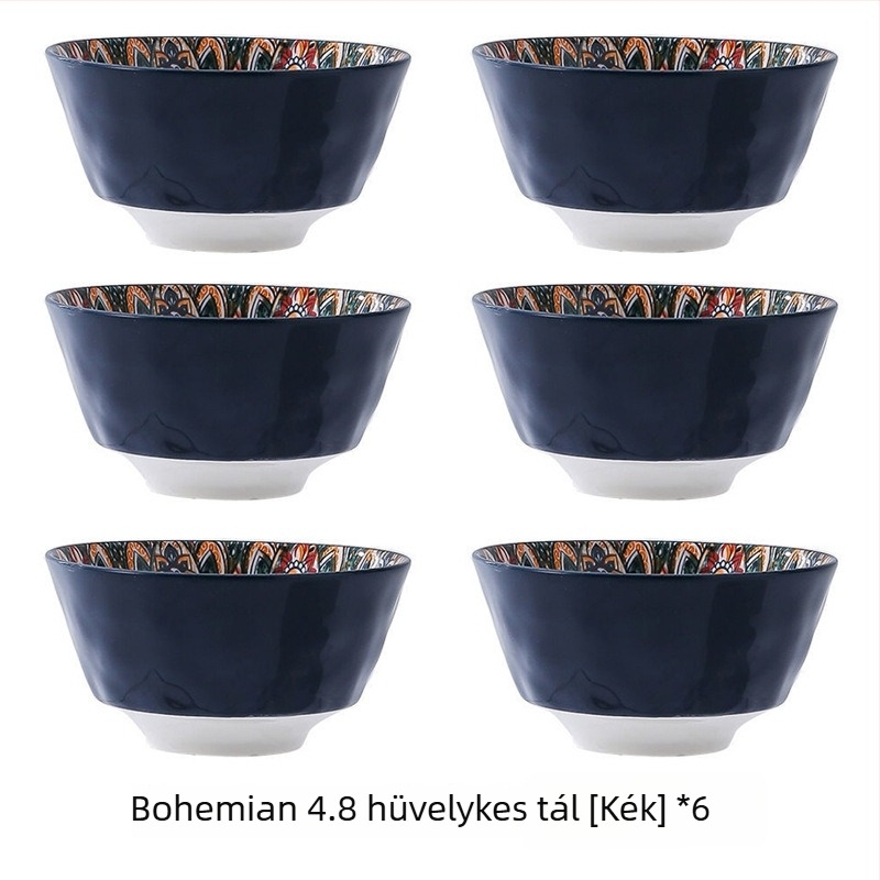 Porcelánból készült bohém stílusú tál virágos underglazé mintával, mikrohullámú sütőben használható, kerek formájú