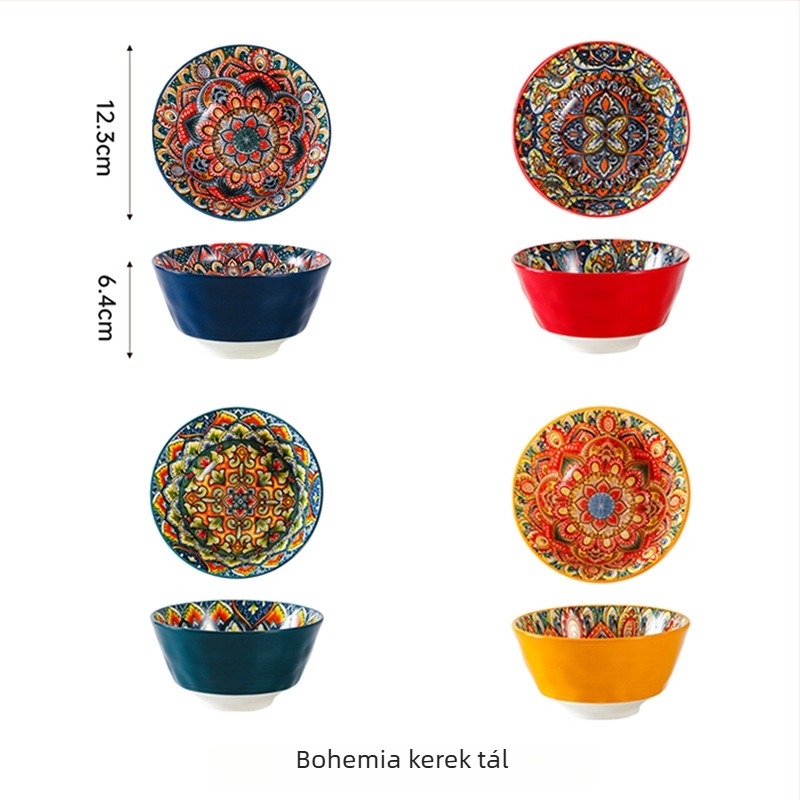 Porcelánból készült bohém stílusú tál virágos underglazé mintával, mikrohullámú sütőben használható, kerek formájú