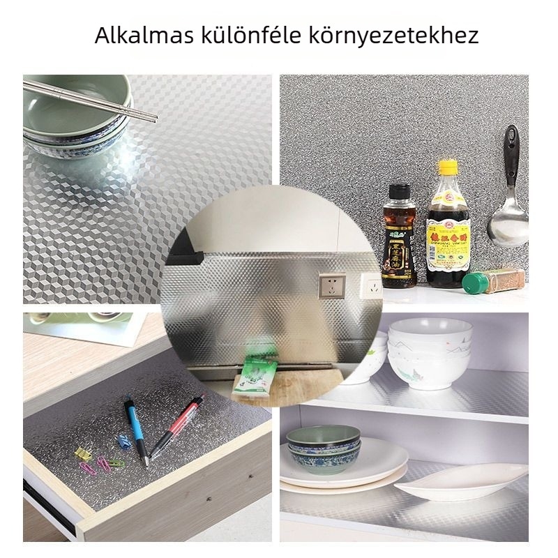 Vastagított konyhai olaj- és vízálló falitapas, magas hőmérséklet-álló alumíniumfóliás tapéta szekrényekhez és gardróbokhoz