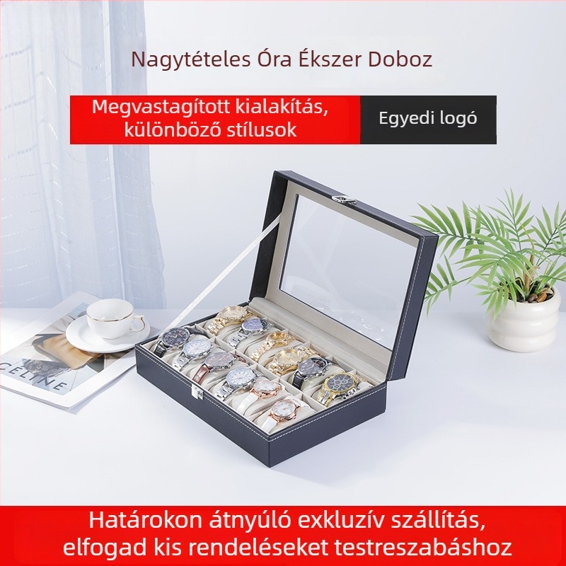 PU bőrből készült óratartó doboz, 12 rekesz, üvegablakkal