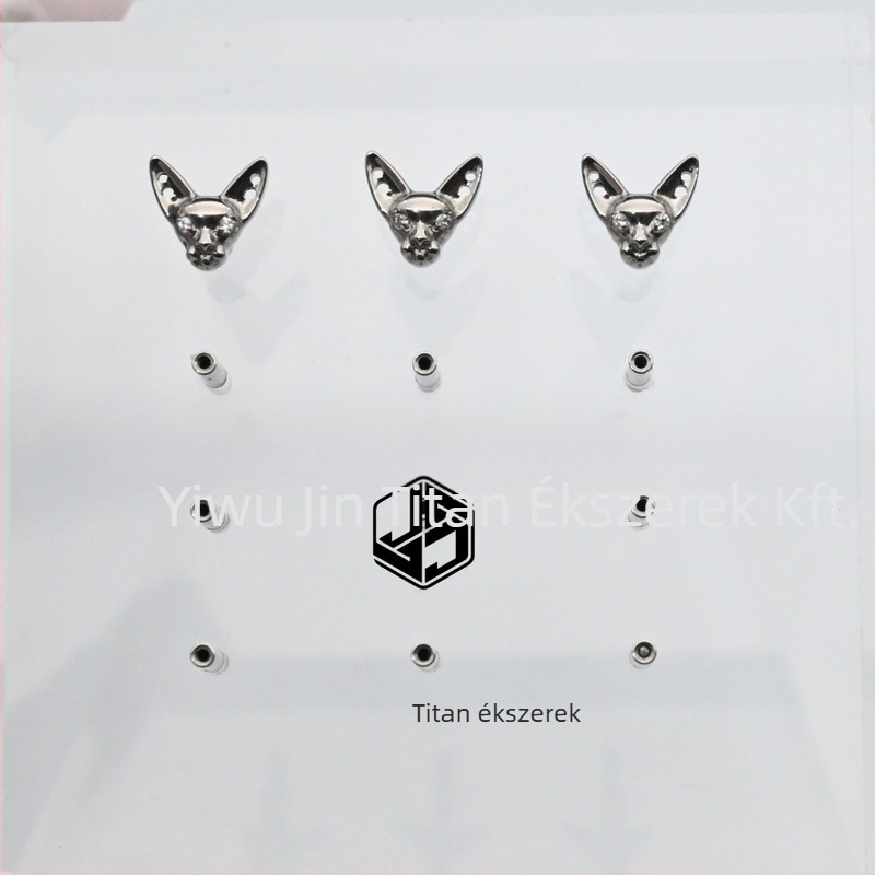 Ajak stud fülbevaló – Titán ötvözet, Sphynx macska design, macska fej motívum, mikro beállítás, uniszex punk