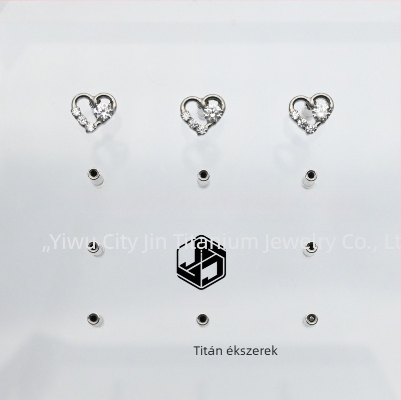 Ajak stud fülbevaló szív alakú kivágással, cirkón, ASTM F-136 titániumötvözet, mikro rögzítés