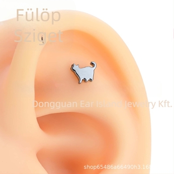 Titánötvözet fülbevalók macska alakban, uniszex, vintage stílus, cirkón kövekkel, polírozott felület