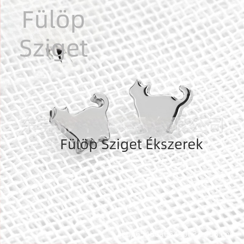 Titánötvözet fülbevalók macska alakban, uniszex, vintage stílus, cirkón kövekkel, polírozott felület