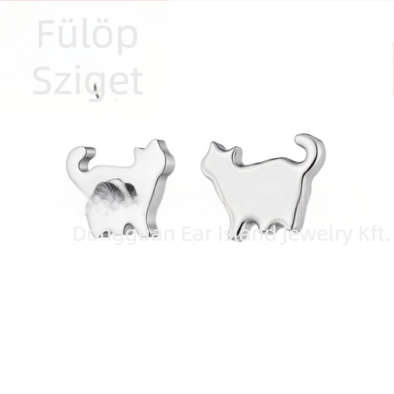 Titánötvözet fülbevalók macska alakban, uniszex, vintage stílus, cirkón kövekkel, polírozott felület