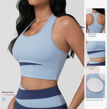 Jógához tervezett sportmelltartó I-formájú hátsó résszel, mellpárnával; anyag: nylon/elastán, 75% nylon, 25% elastán; bélés: elastán; kosár: teljes; formázott kosár: közepes; pántok rögzítettek